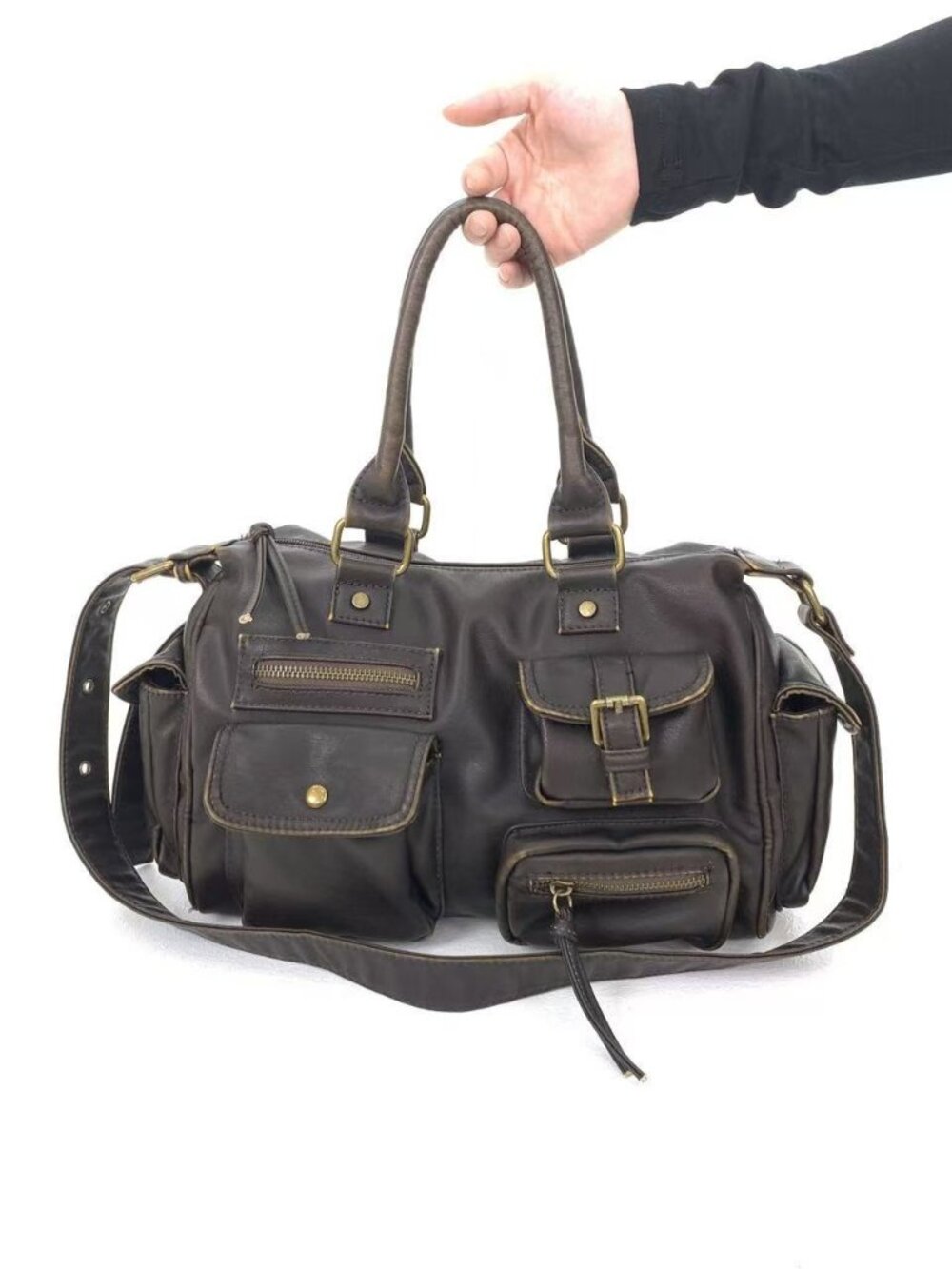 Y2K Grunge Aesthetic Olive Green Vegan Leather Cargo Multi Pocket Handbag